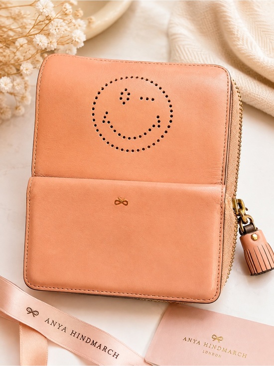 Anya Hindmarch Handbags - Anya Hindmarch Peach Leather Zip-Around Wallet with Perforated Smile 😉